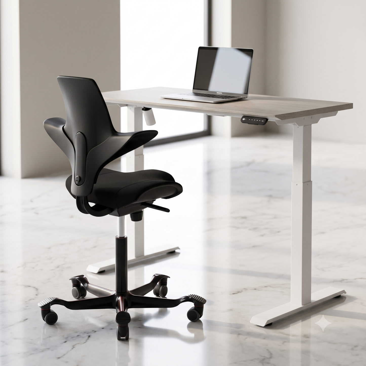 LIFT Height Adjustable Table ( Snow White Top + White Base) + Hag Capisco Puls 8020 Bundle