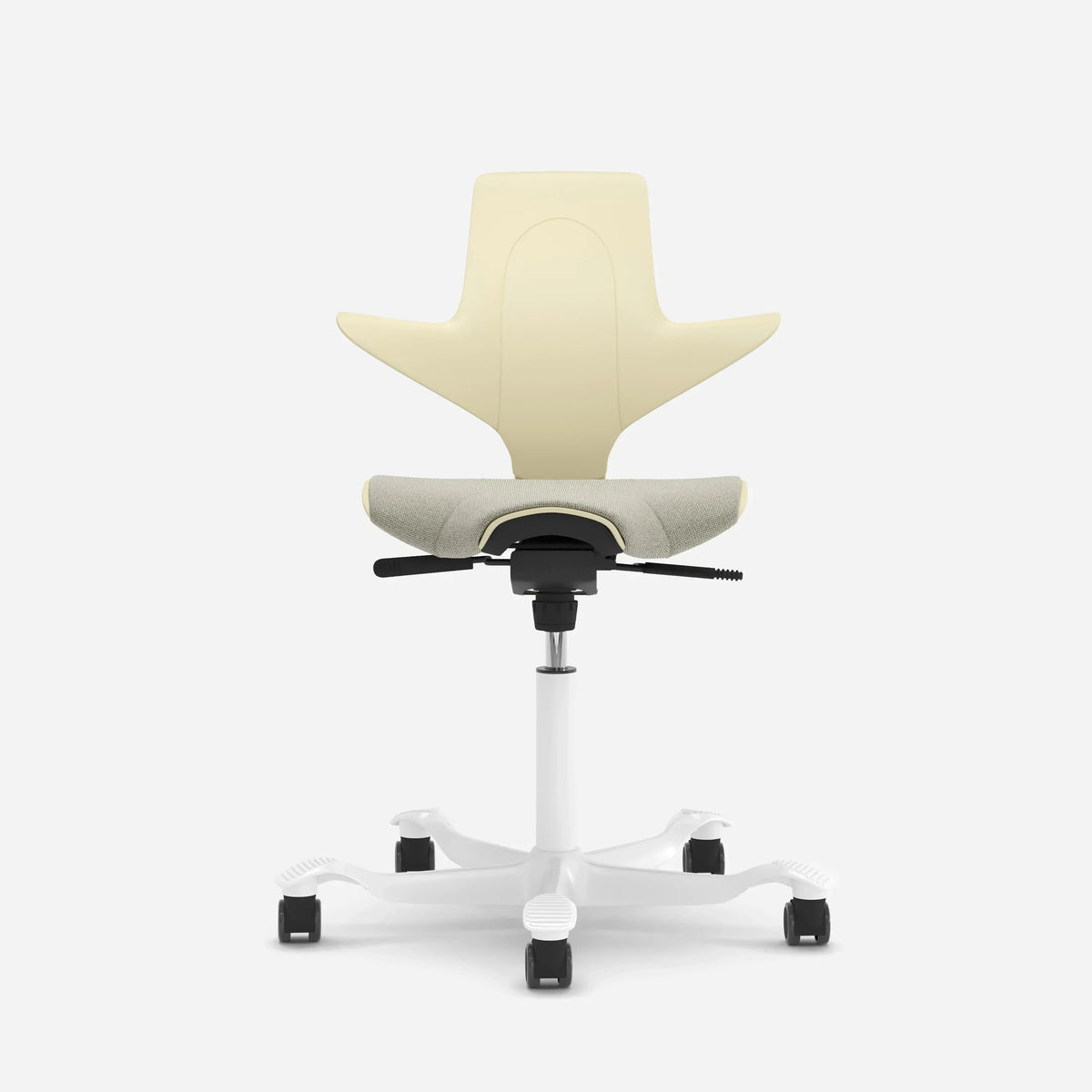 Cream-colored ergonomic saddle chair with a white base and castors on a plain background