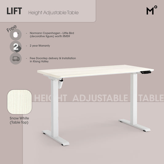 Lift Height adjustable table with promotional text on a beige background