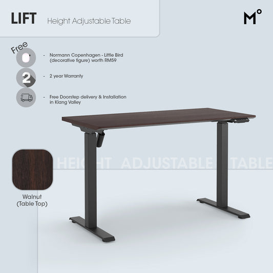 Lift Height adjustable table with walnut top and black legs on a white background