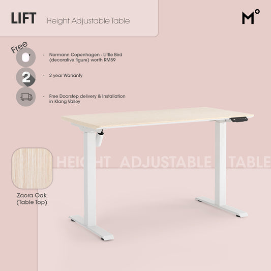 Lift Height adjustable table with product details on a pink background