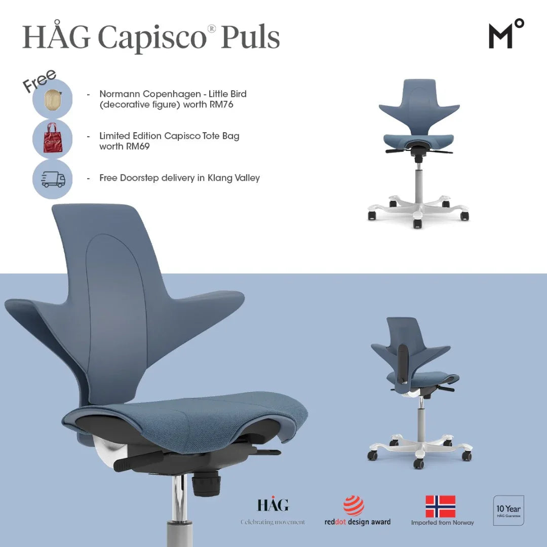 HAG Capisco Puls office chair with promotional text and images on a light blue background 11.11 sales