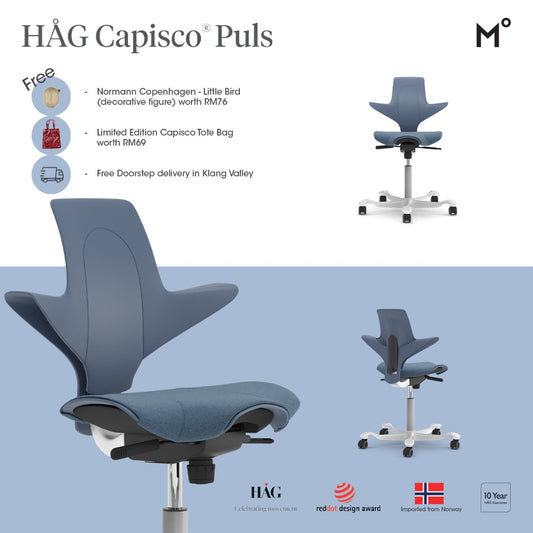 HAG Capisco Puls office chair with promotional text and images on a light blue background 11.11 sales